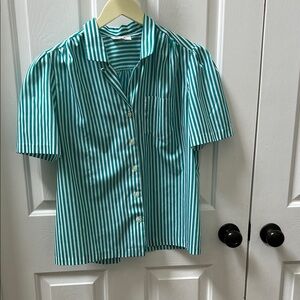 Vintage Green Striped Button-Up Shirt with lightly rouged sleeves